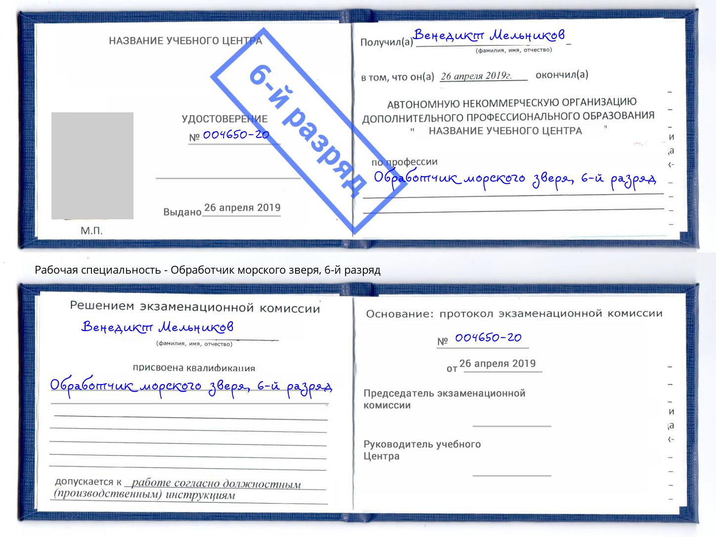 корочка 6-й разряд Обработчик морского зверя Гагарин