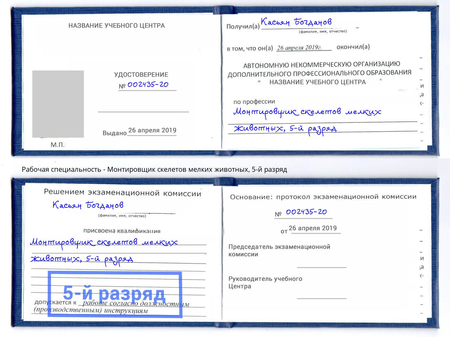 корочка 5-й разряд Монтировщик скелетов мелких животных Гагарин