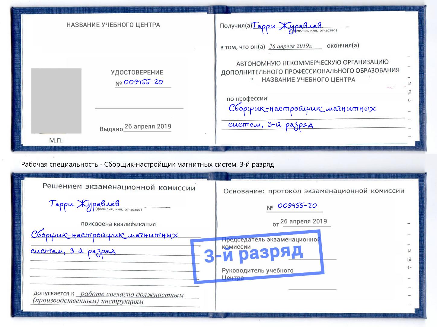 корочка 3-й разряд Сборщик-настройщик магнитных систем Гагарин