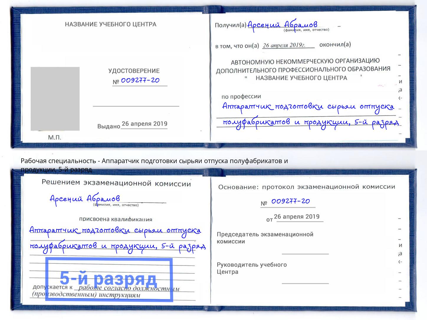 корочка 5-й разряд Аппаратчик подготовки сырьяи отпуска полуфабрикатов и продукции Гагарин