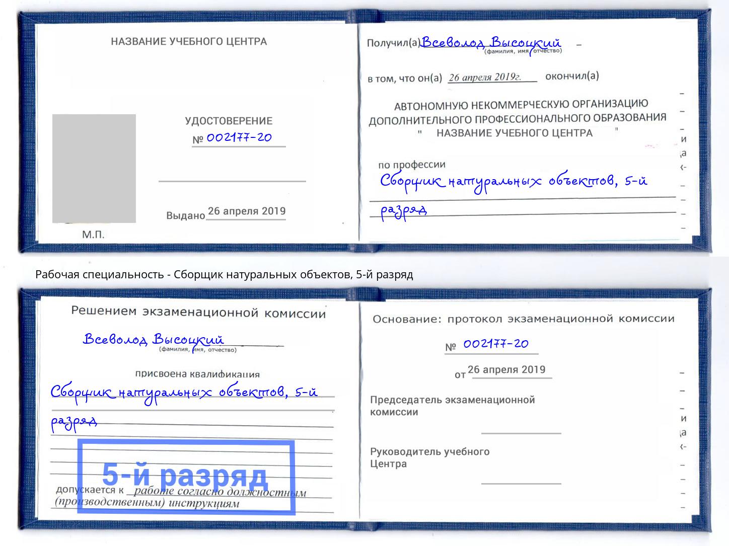 корочка 5-й разряд Сборщик натуральных объектов Гагарин