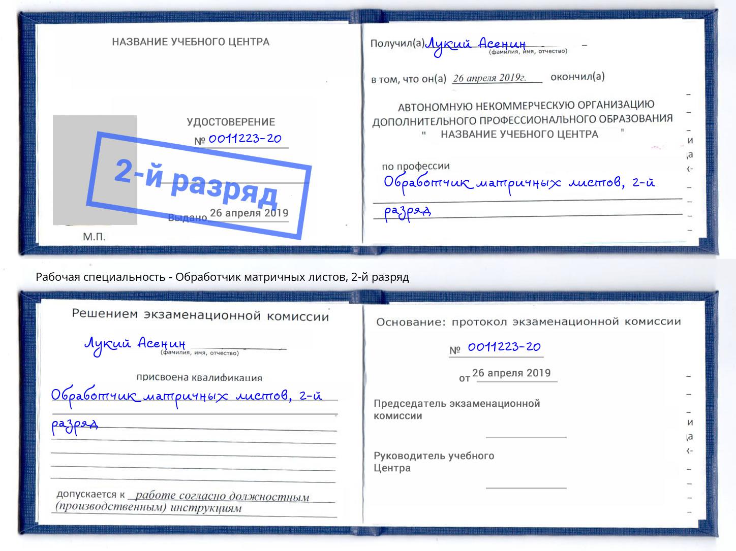 корочка 2-й разряд Обработчик матричных листов Гагарин