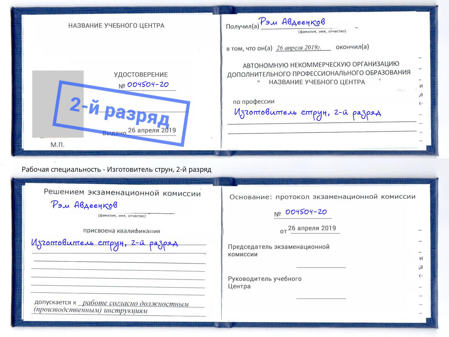 корочка 2-й разряд Изготовитель струн Гагарин