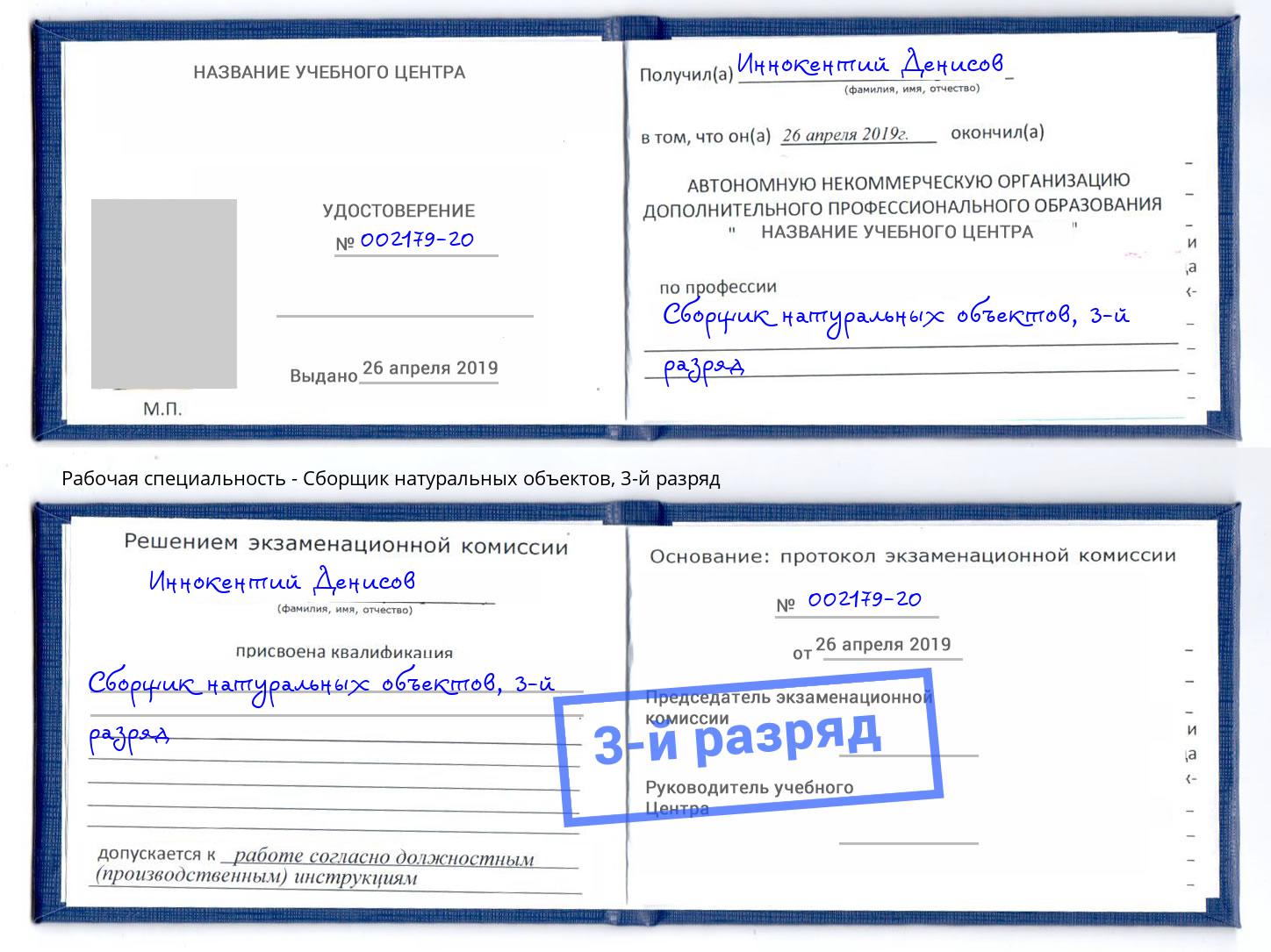 корочка 3-й разряд Сборщик натуральных объектов Гагарин