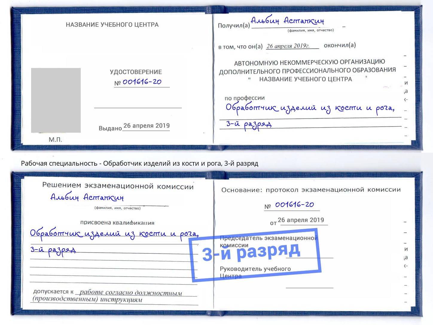 корочка 3-й разряд Обработчик изделий из кости и рога Гагарин